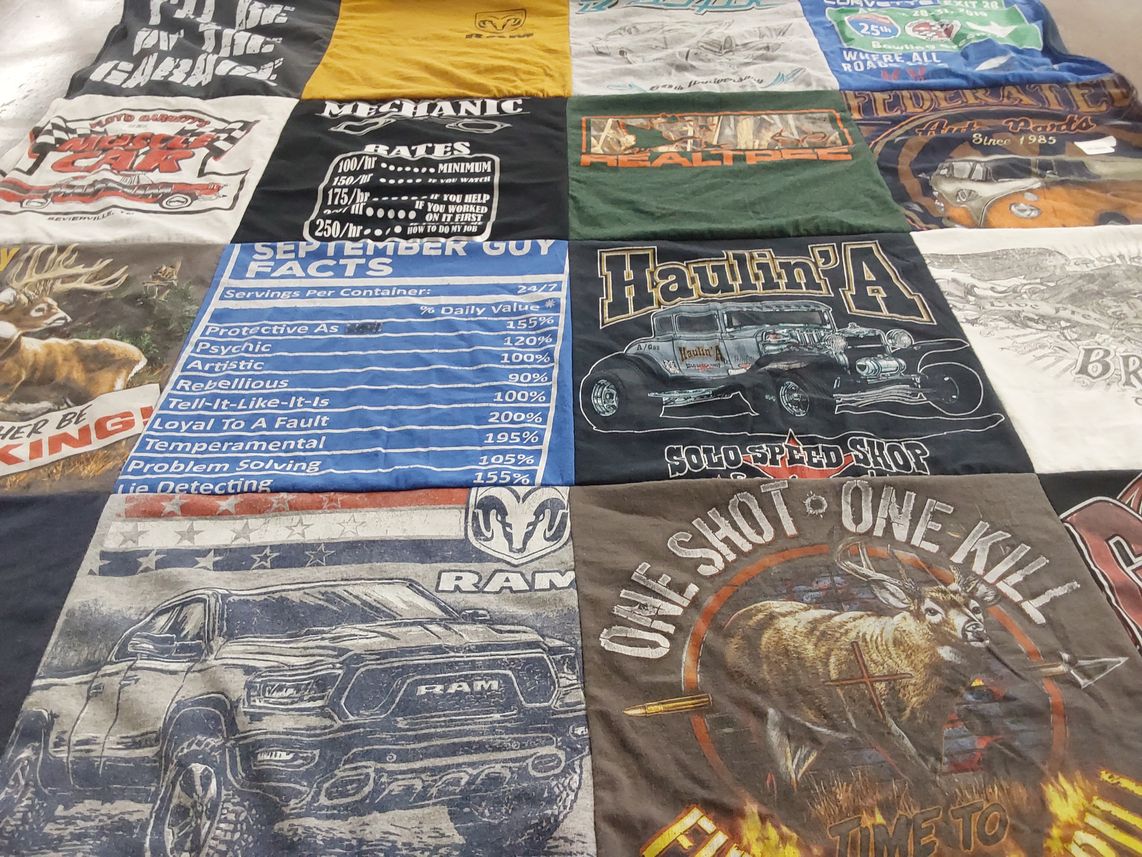 T-shirt quilt with automotive, hunting themes by Alyssa from TN
