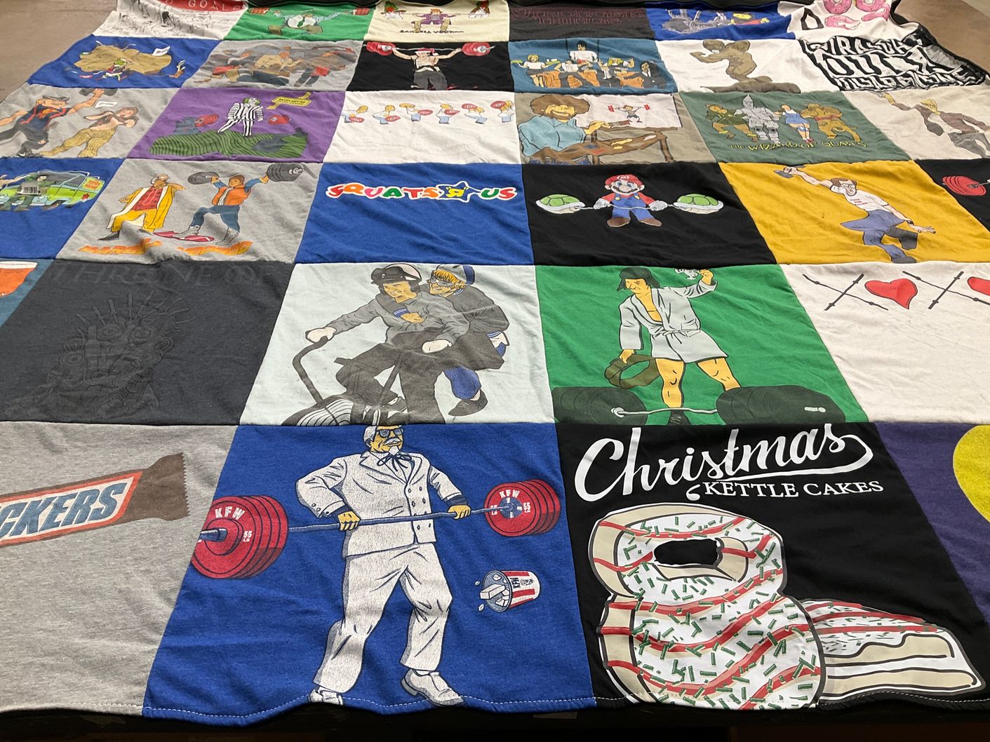 T-shirt quilt with fitness, weightlifting themes by Jacob from MS