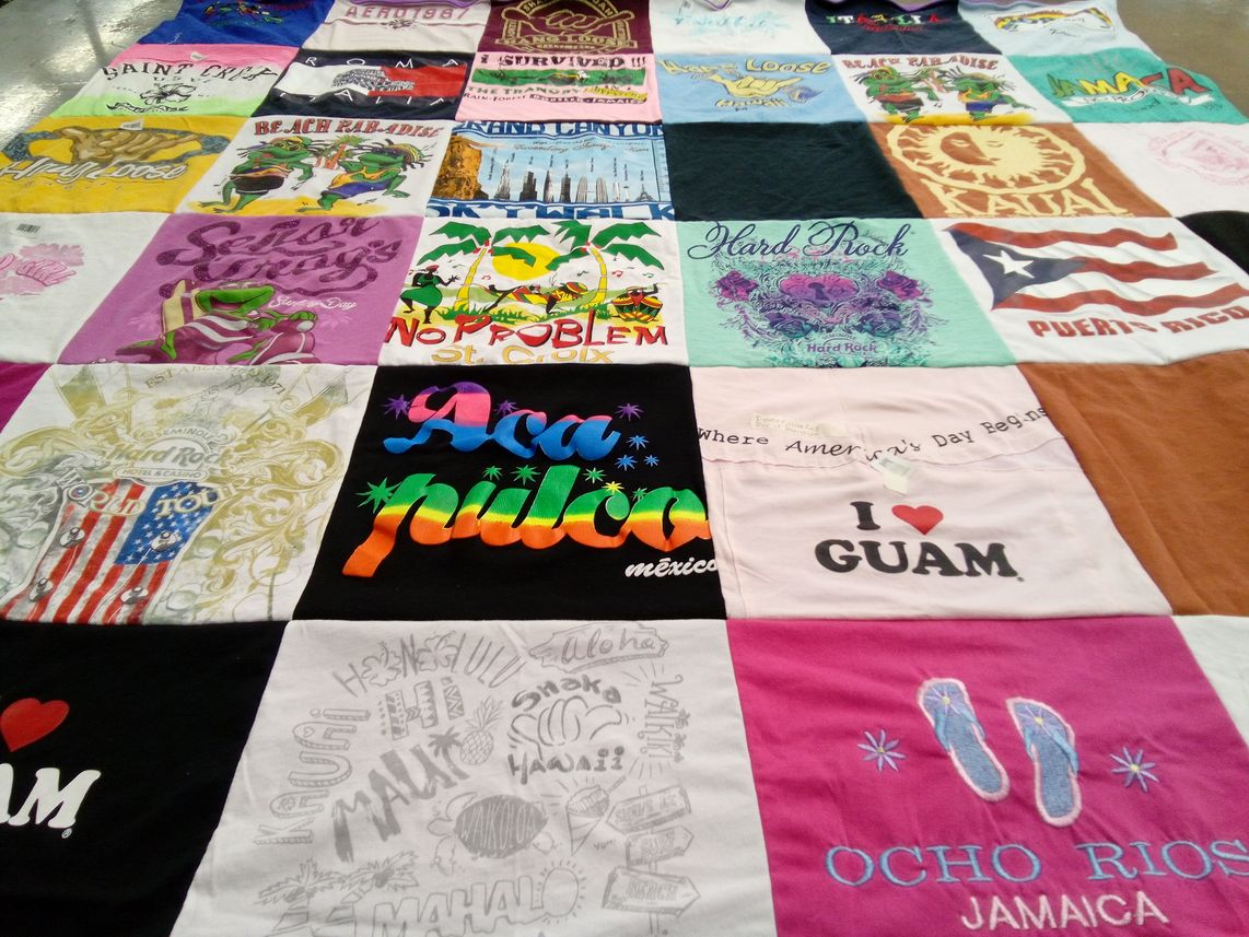 T-shirt quilt with travel, beaches themes by Elizabeth from FL
