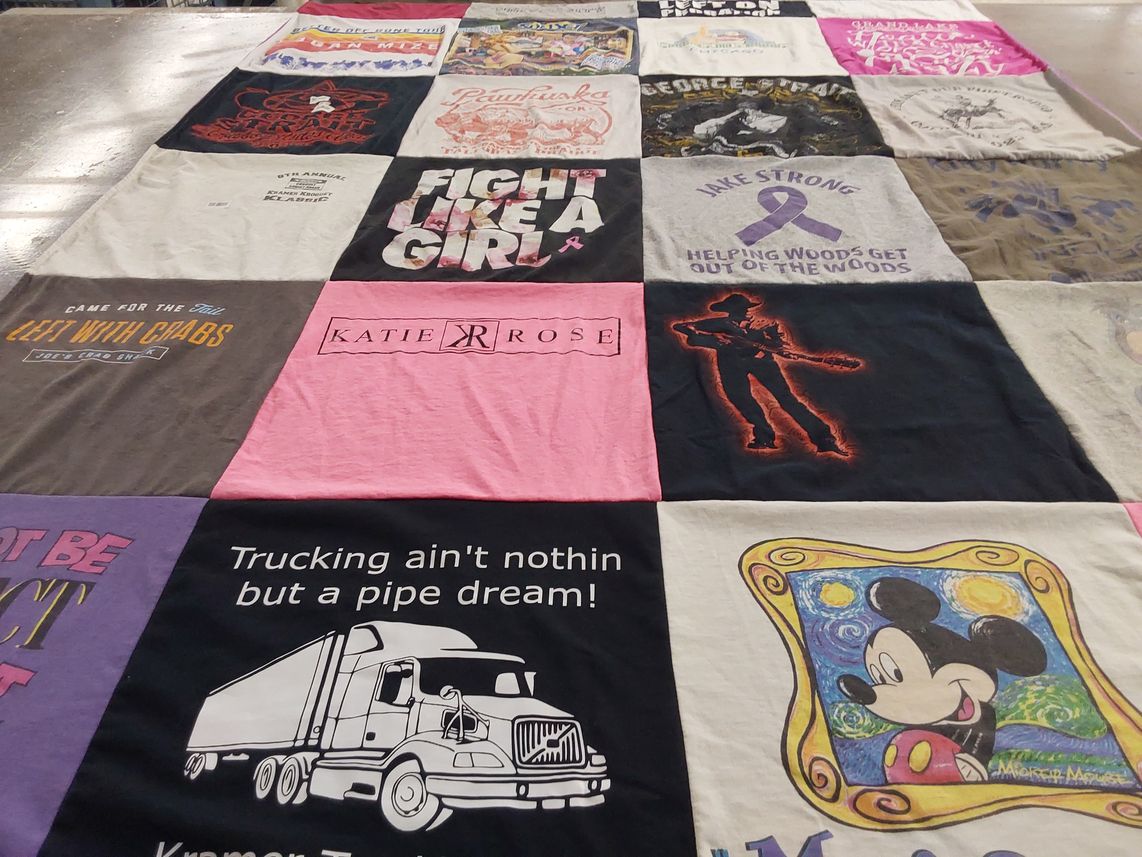 T-shirt quilt with trucking, girls empowerment themes by Katie from KS