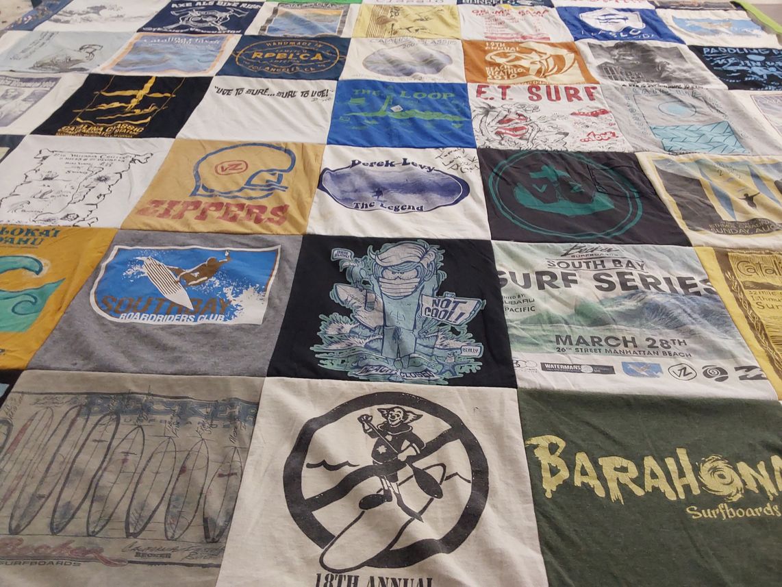 T-shirt quilt with surfing, beach themes by Tom from CA