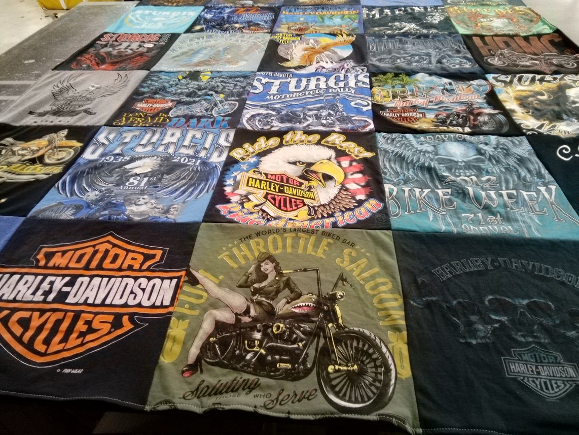 T-shirt quilt with motorcycles, biking themes by Kristi from WI