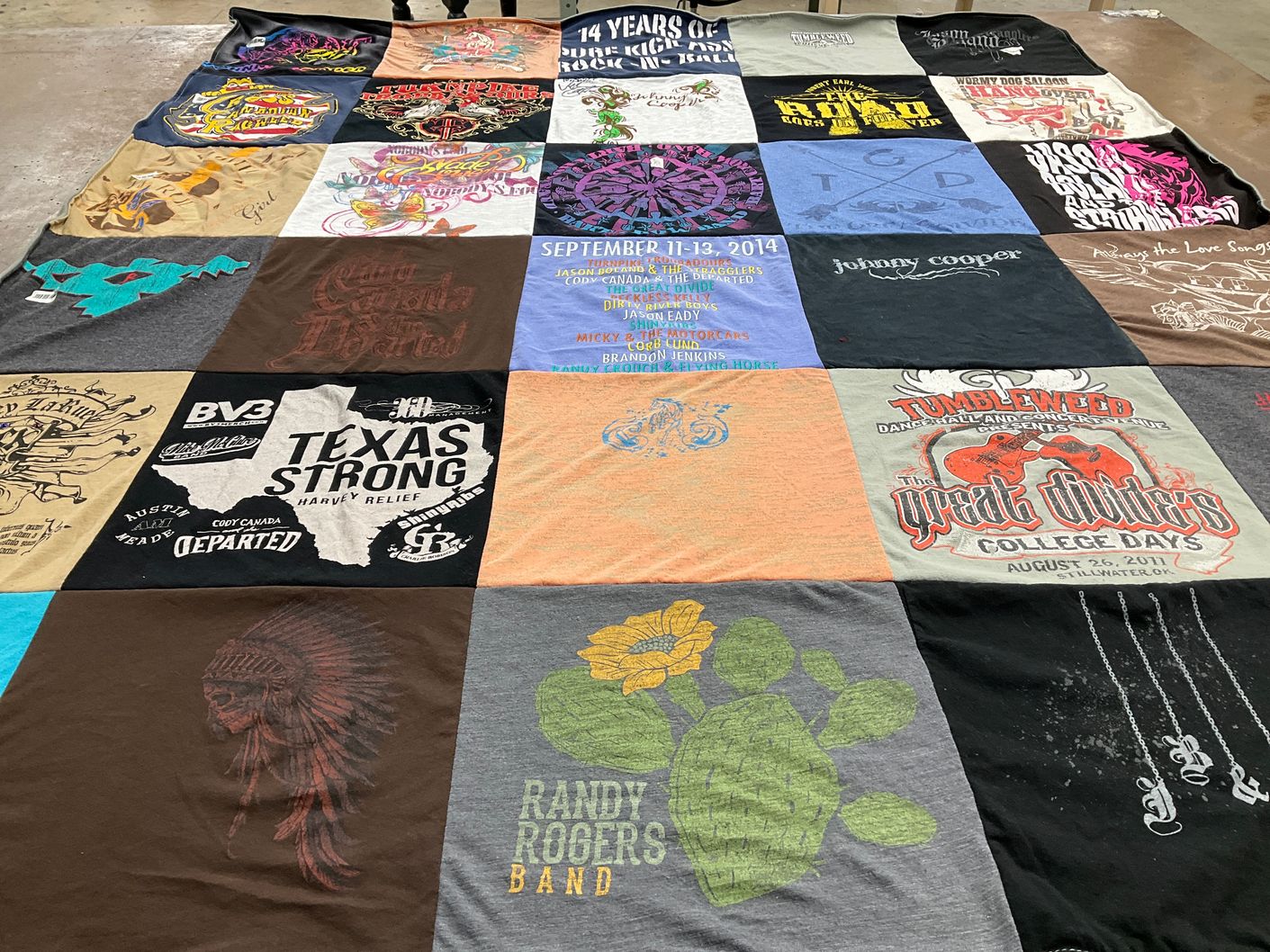 T-shirt quilt with music, festivals themes by Lyndie from OK