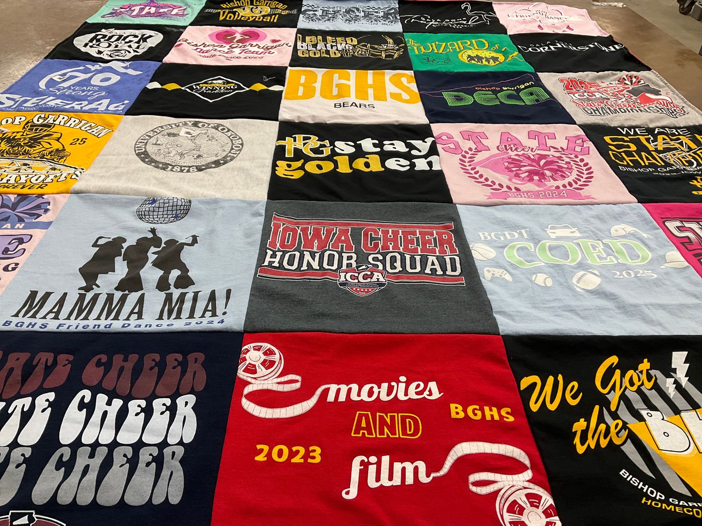 T-shirt quilt from bishop gordy high school, university of iowa by Laura from IA