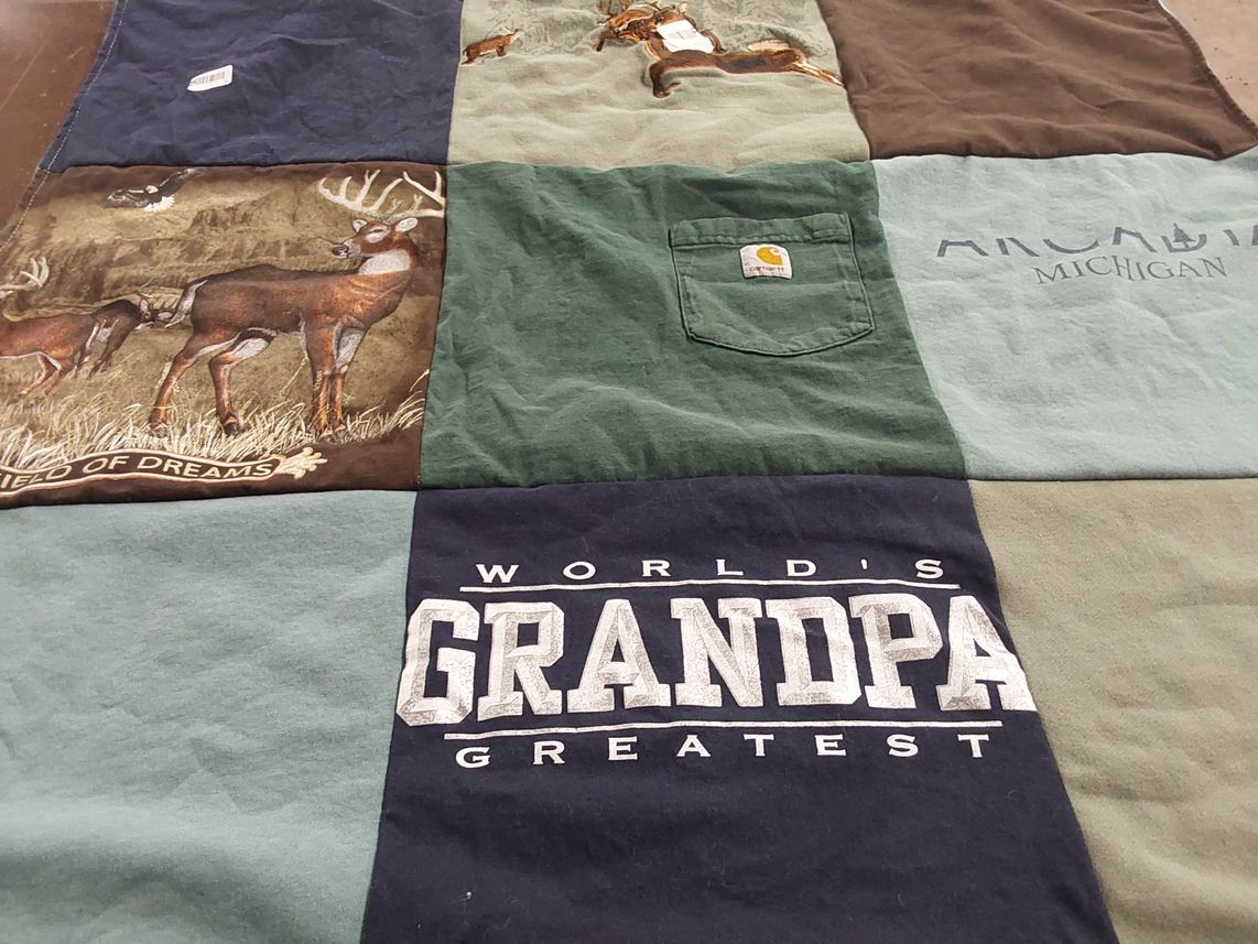 T-shirt quilt with hunting, outdoors themes by Sarah from MI