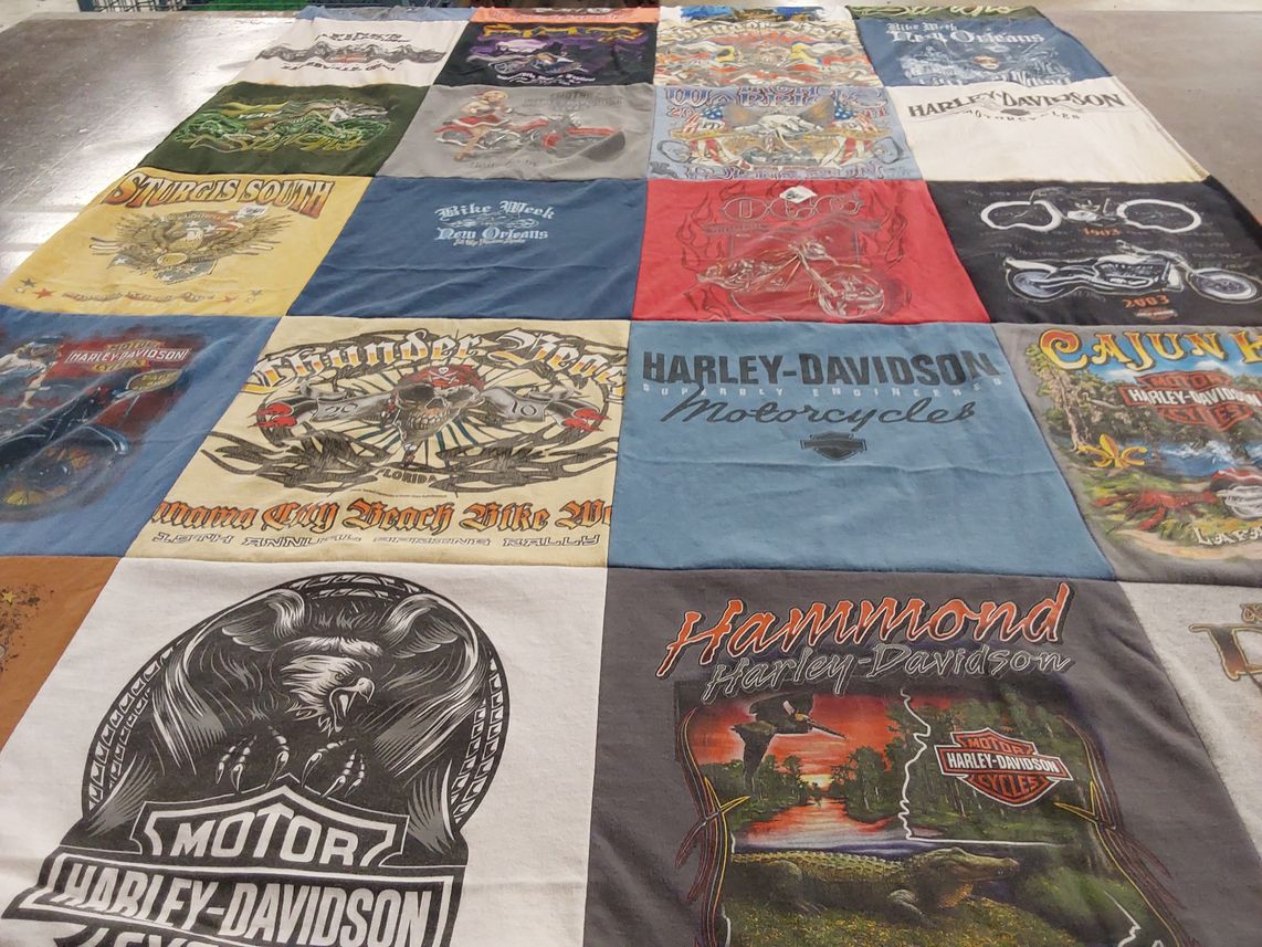 T-shirt quilt with motorcycles, biking themes by Jeanie from LA