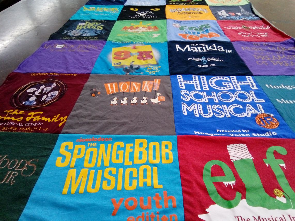 T-shirt quilt with theater, musicals themes by Lindsay from OK