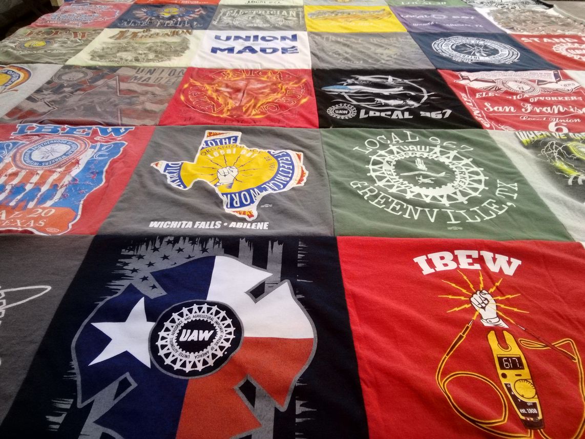 T-shirt quilt with labor unions, craftsmanship themes by Tim from TX