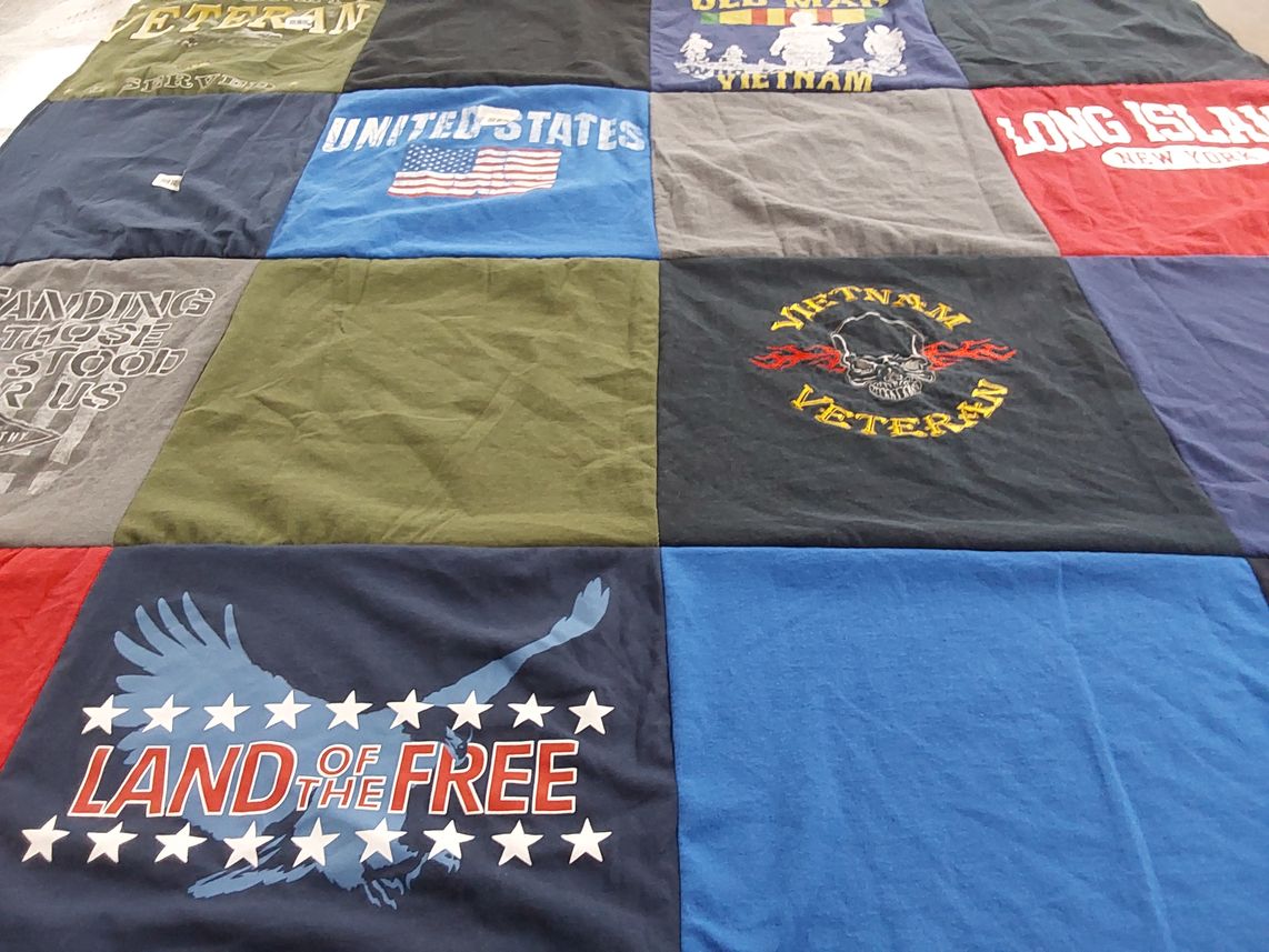 T-shirt quilt with military, veterans themes by DOREEN from NY