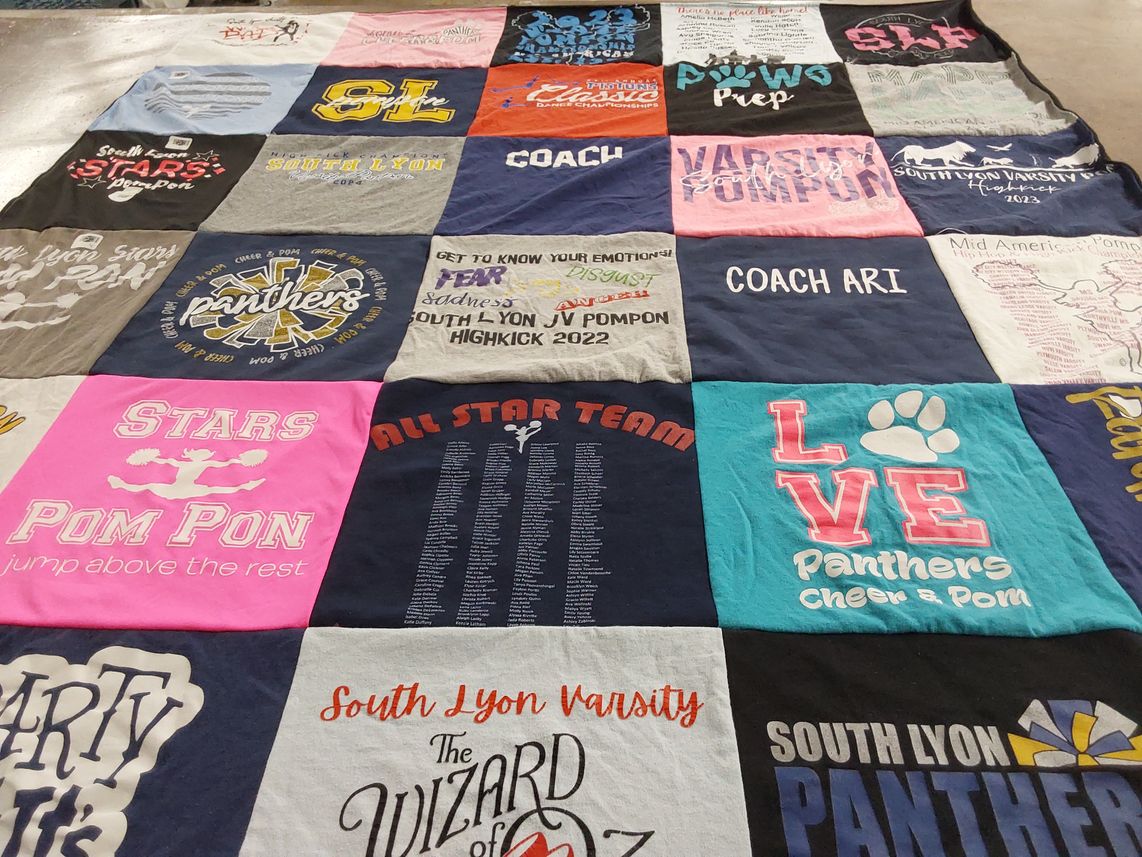 T-shirt quilt featuring south lyon panthers cheer team by Evelyn from MI