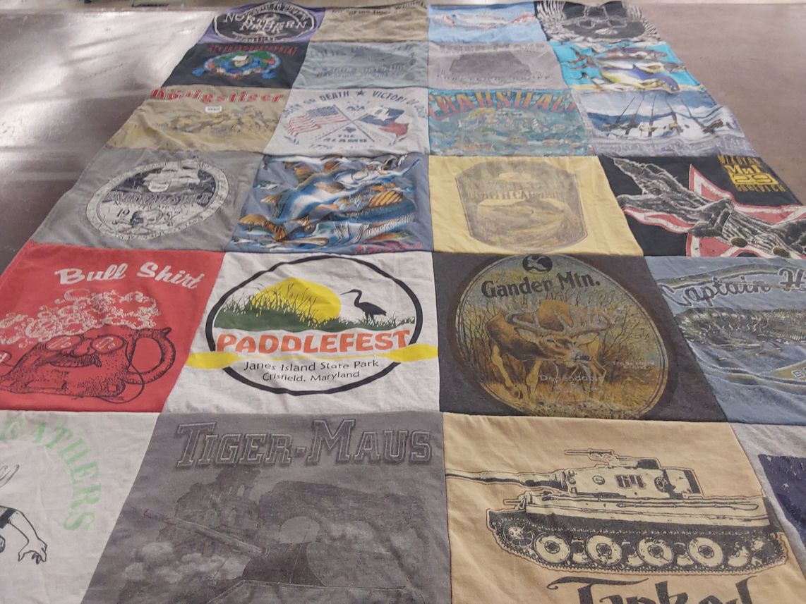 T-shirt quilt with outdoors, fishing themes by Kathy from MD