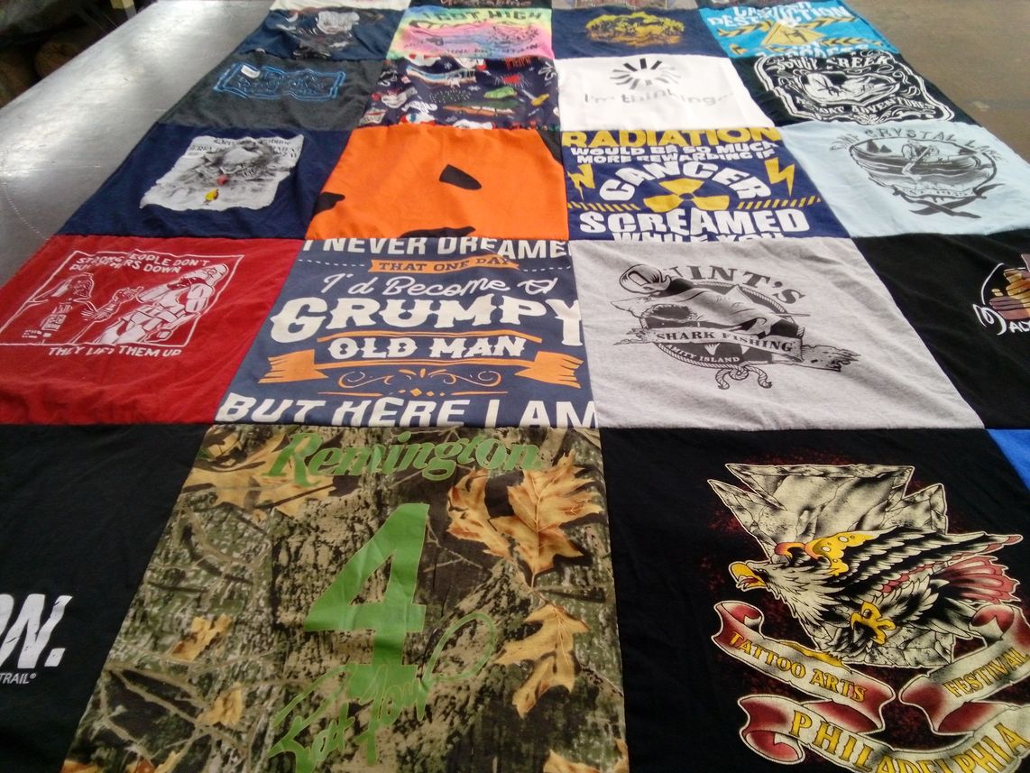 T-shirt quilt with fishing, tattoos themes by Alanna from PA