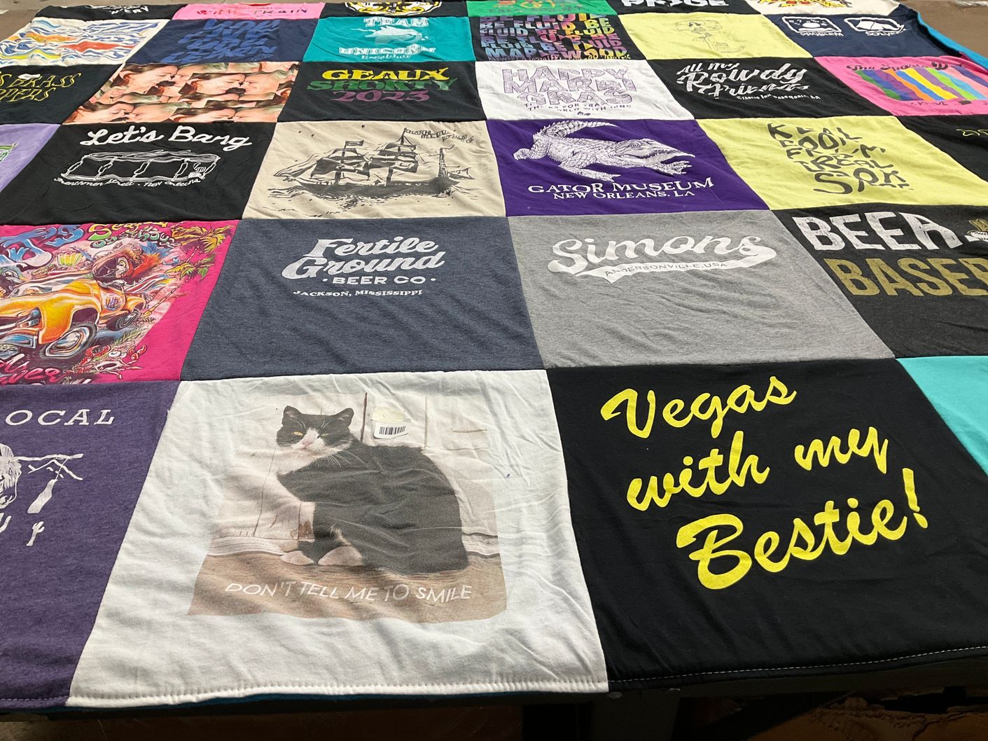 T-shirt quilt with beer, cats themes by Sonya from CA