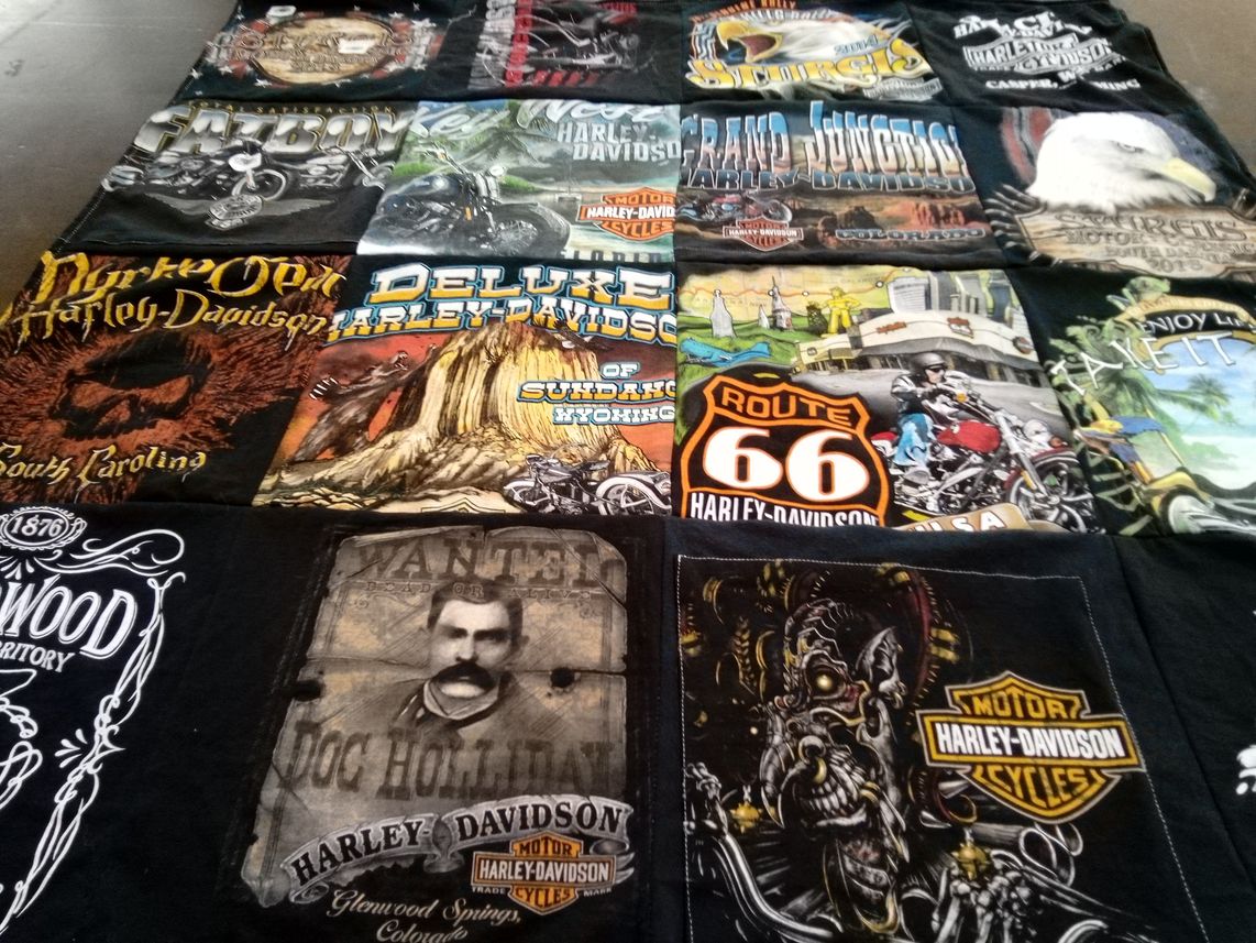 T-shirt quilt with motorcycles, bikers themes by Victoria from CO