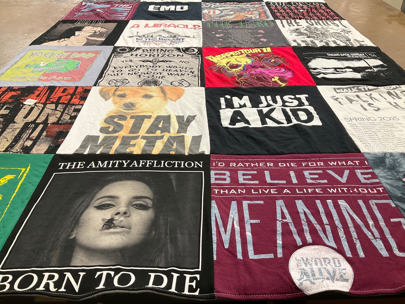 T-shirt quilt with music, metal themes by Kayla from CO