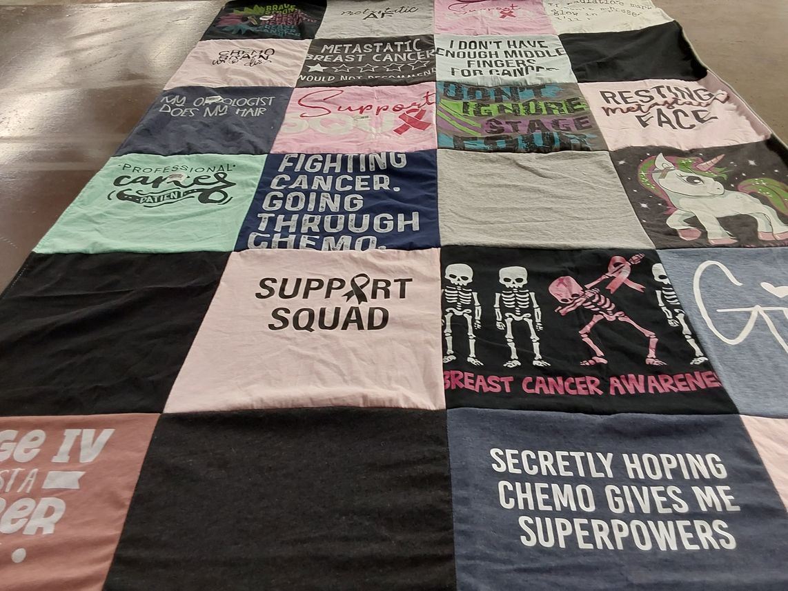 T-shirt quilt with breast cancer awareness, support groups themes by Joshua from FL