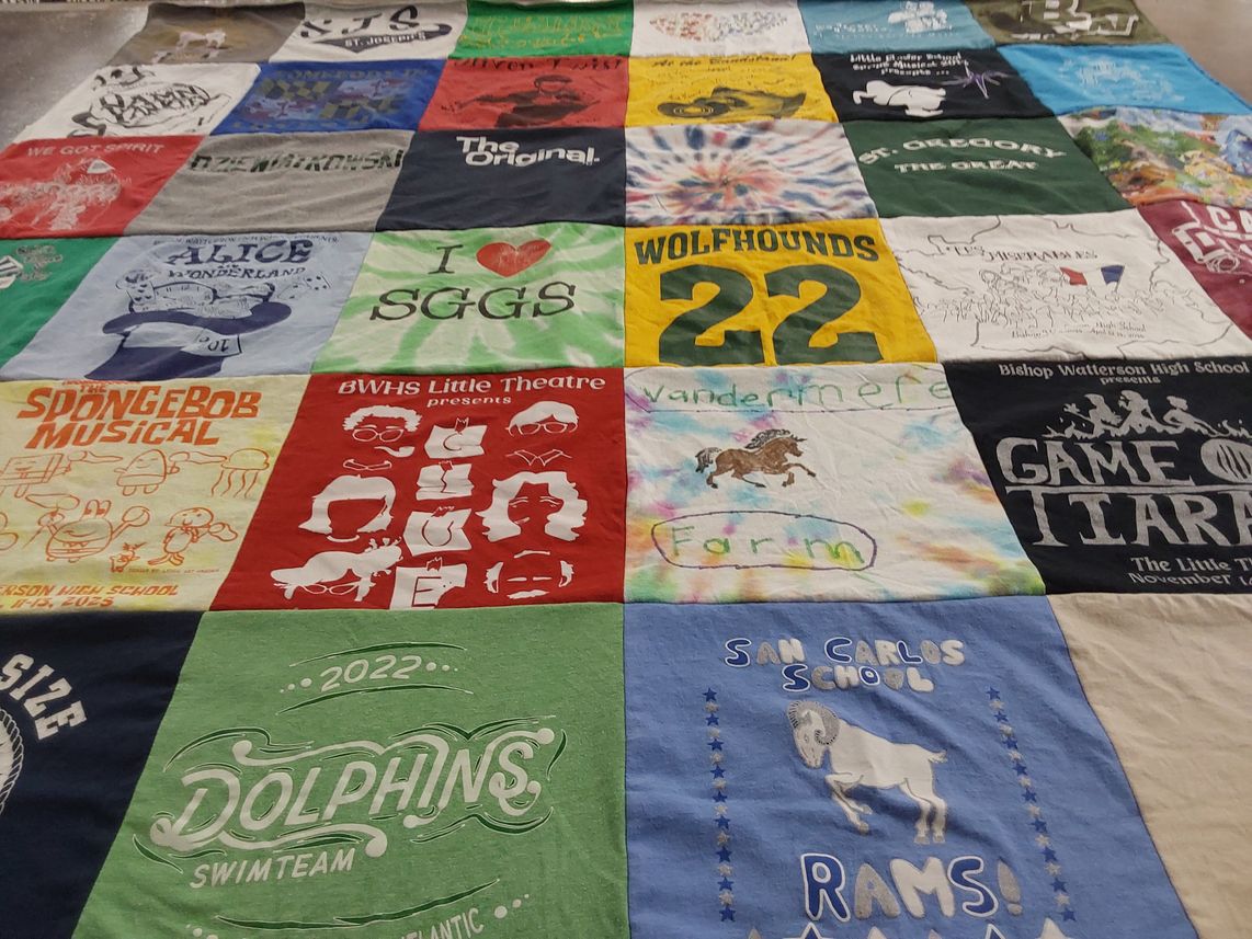 T-shirt quilt featuring san carlos school, dolphins swimteam by Mary Grace from OH