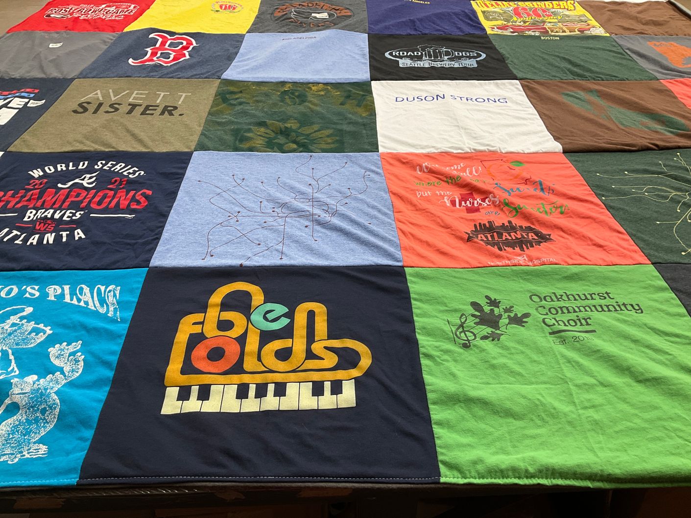T-shirt quilt with music, sports themes by Alyssa from GA