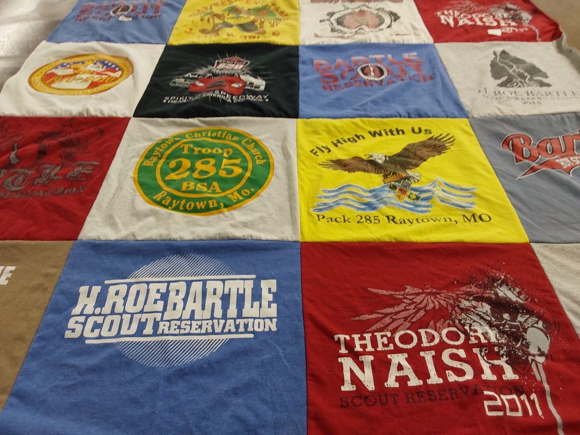 T-shirt quilt with scouting, outdoors themes by Kristin from MO