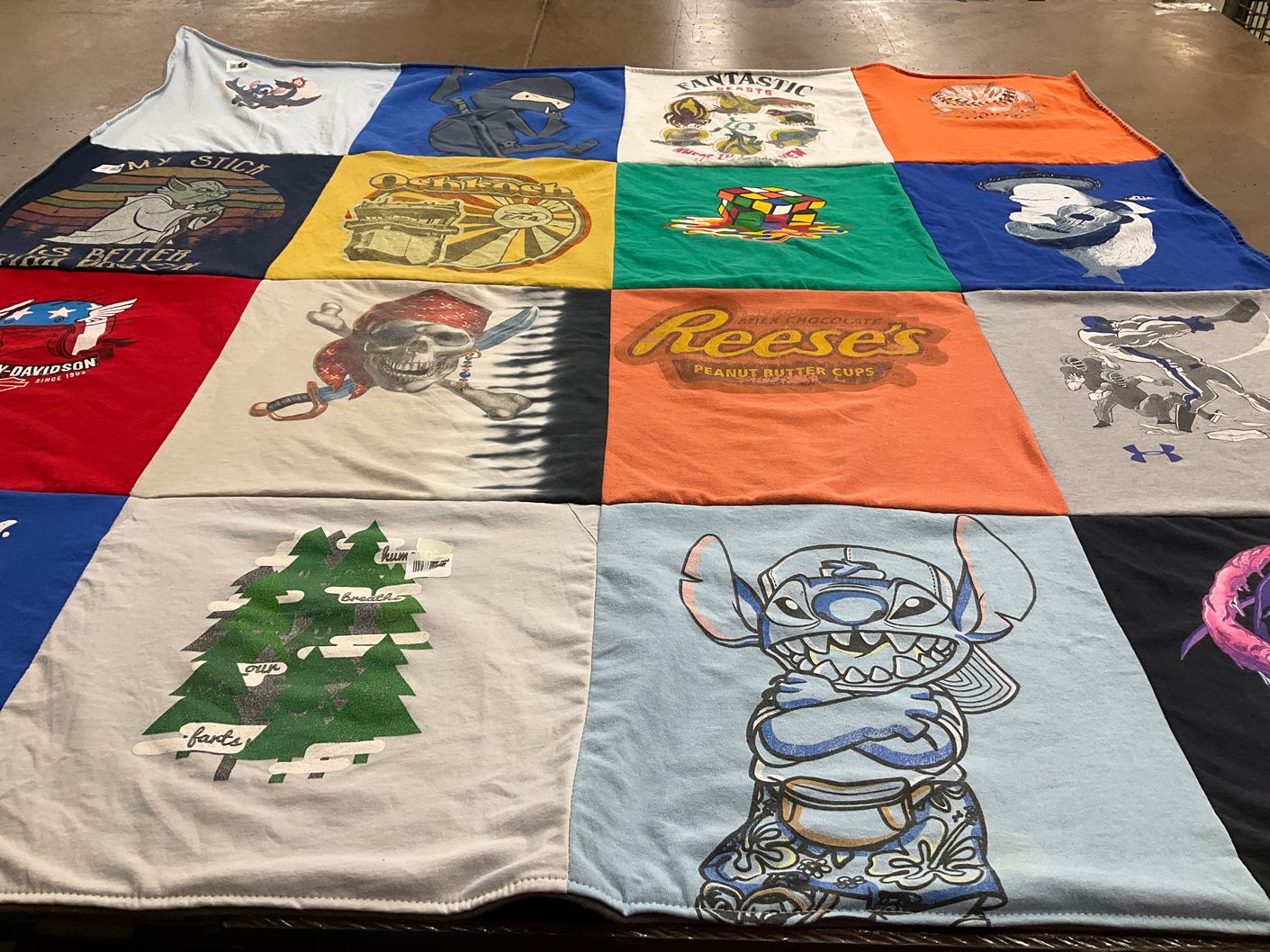 T-shirt quilt with animals, games themes by Monica from IN