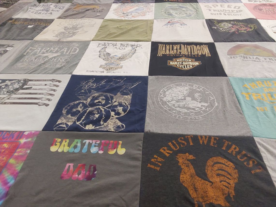 T-shirt quilt with motorcycles, music themes by Stacey from MD
