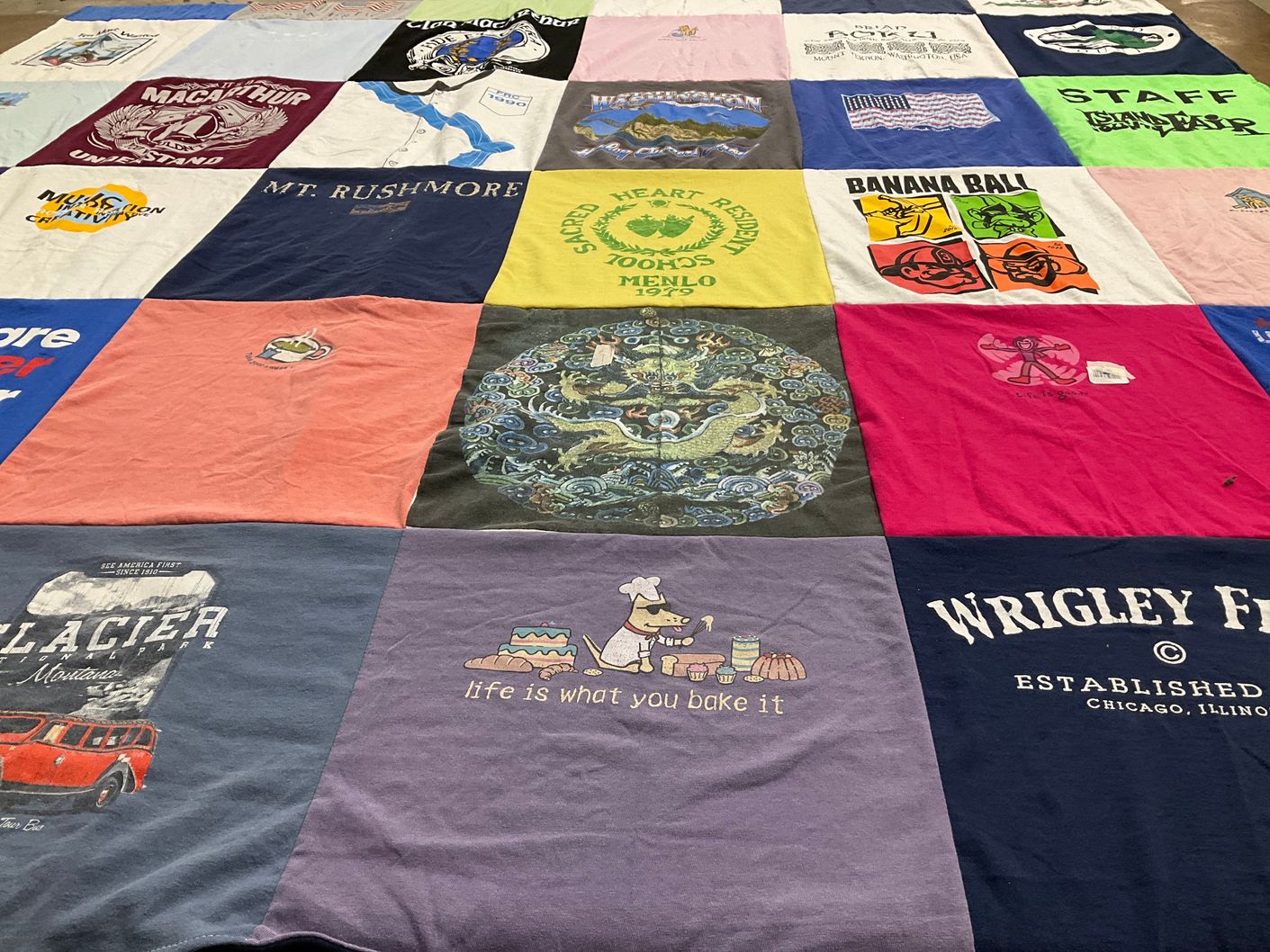 T-shirt quilt with cooking, baseball themes by Sally from WA