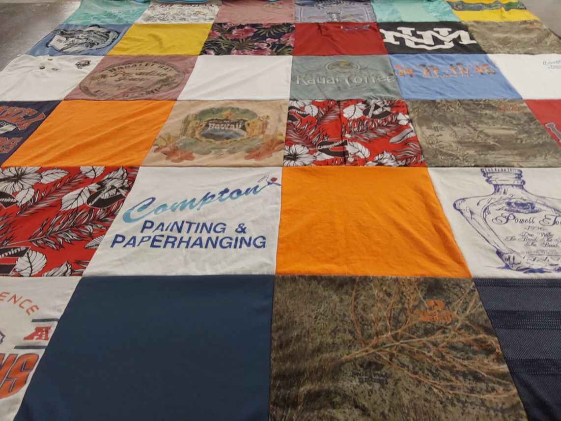 T-shirt quilt with travel, coffee themes by Kathy from NM