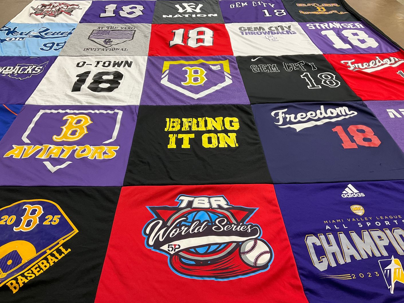 T-shirt quilt featuring baker aviators, baker baseball by Sally from OH