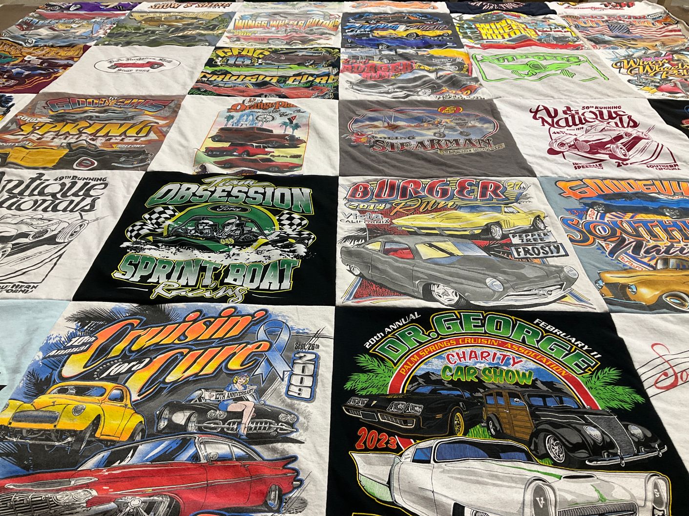 T-shirt quilt with car shows, car racing themes by Nancy from CA