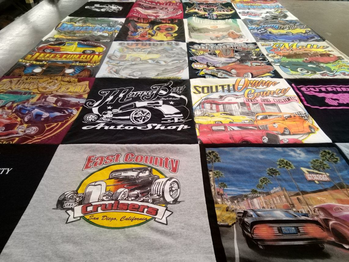 T-shirt quilt with cars, customs themes by Nancy from CA