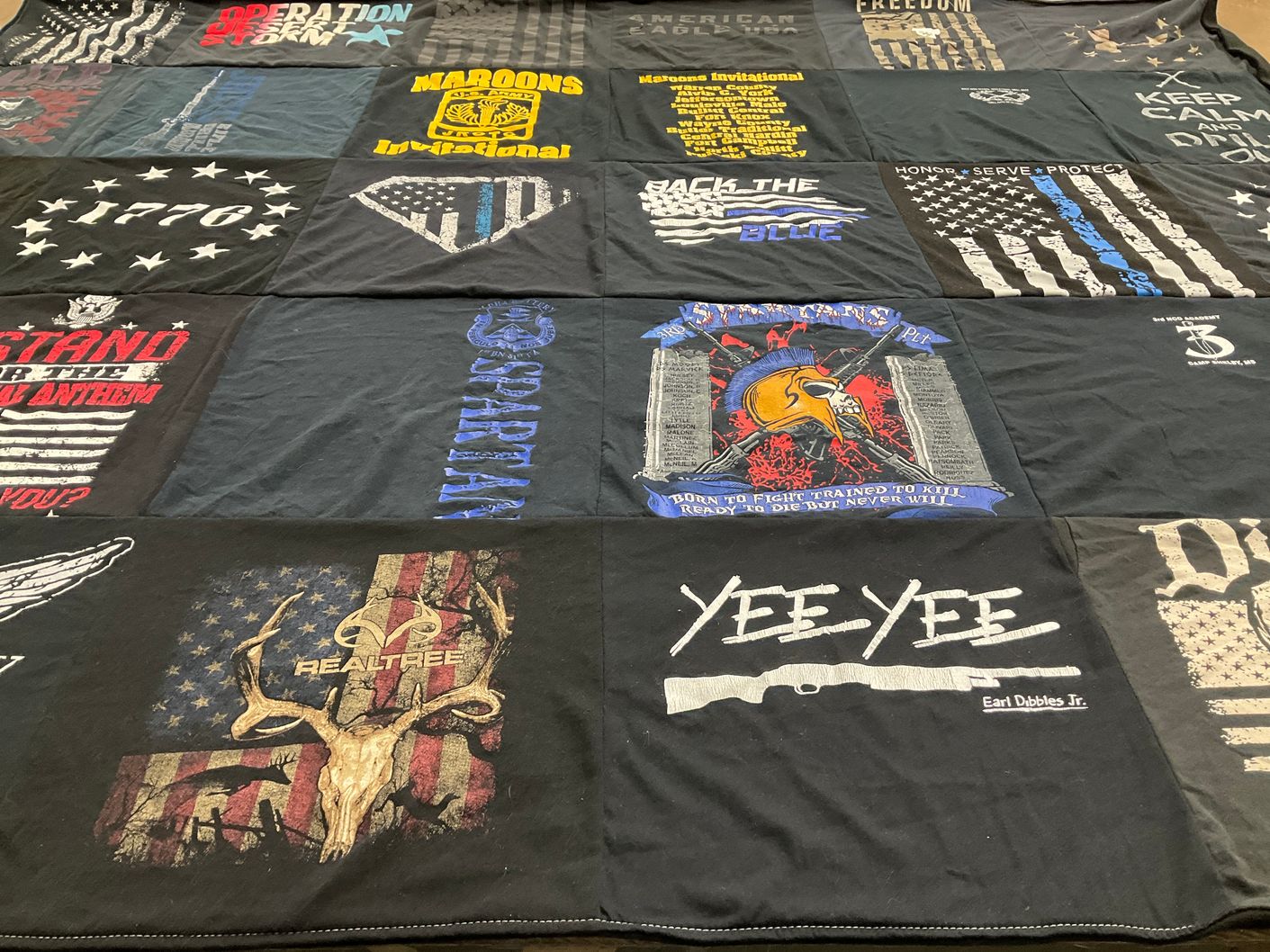 T-shirt quilt with hunting, patriotism themes by Jerry from KY