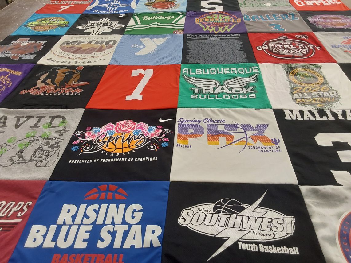 T-shirt quilt featuring albuquerque bulldogs, rising blue star basketball by Amber from NM