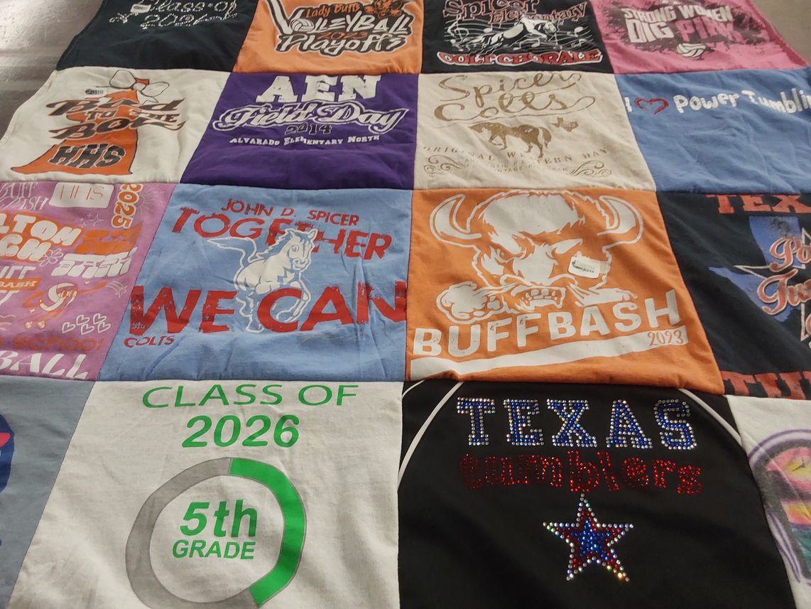 T-shirt quilt featuring texas tumblers by Tiffany from TX