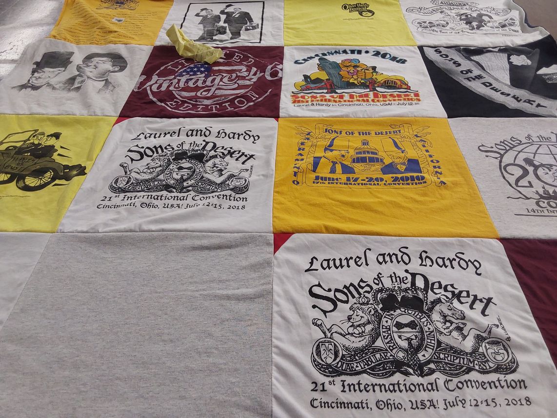 T-shirt quilt with laurel and hardy, classic film themes by Lana from MI