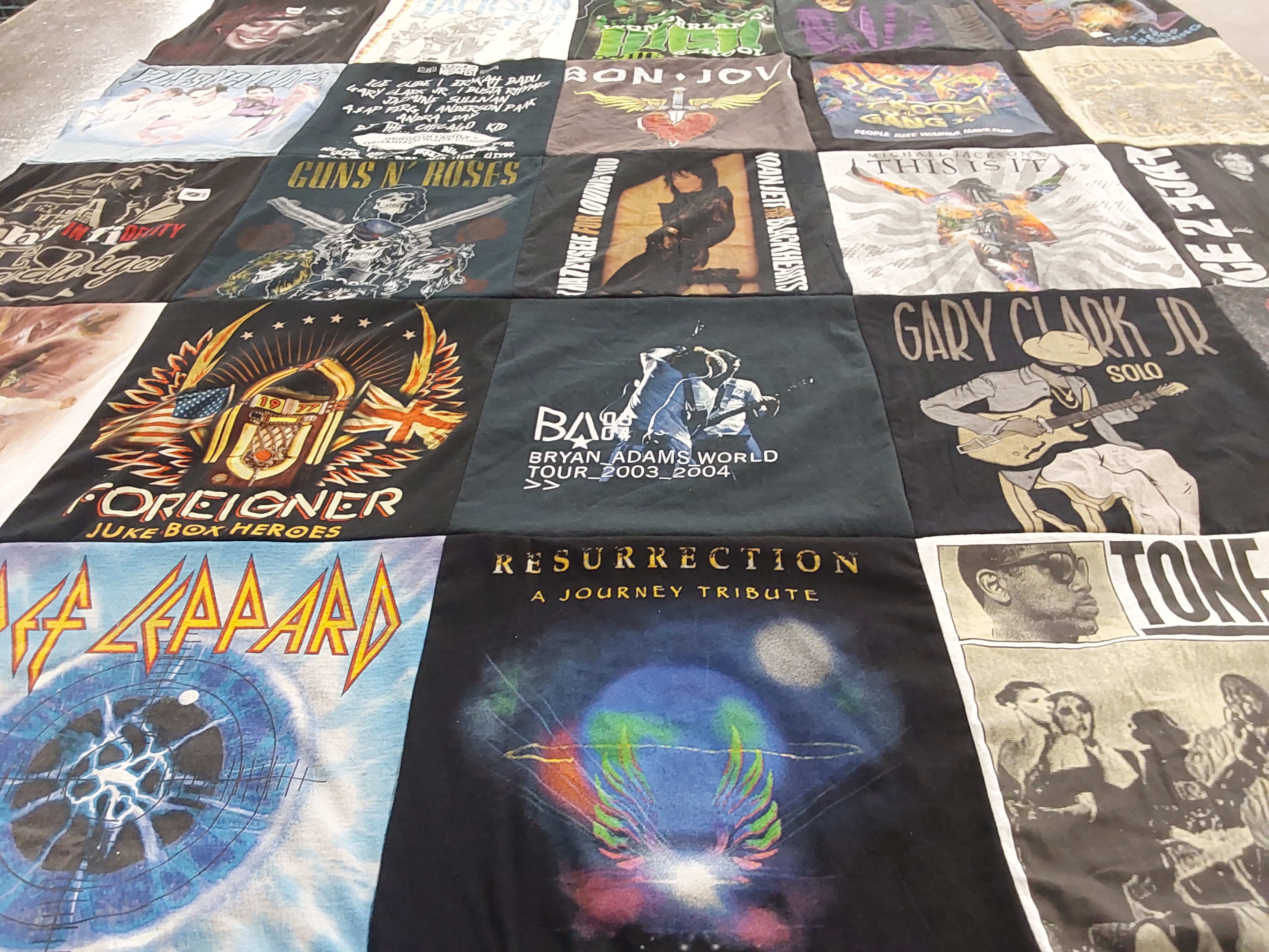 T-shirt quilt with music, rock music themes by Vicki from TN
