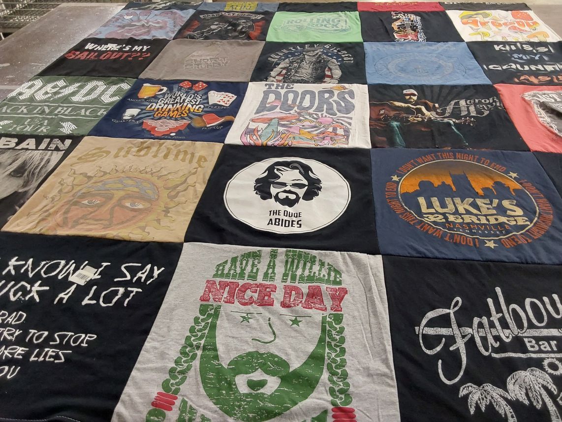 T-shirt quilt with music, rock themes by sue from IN