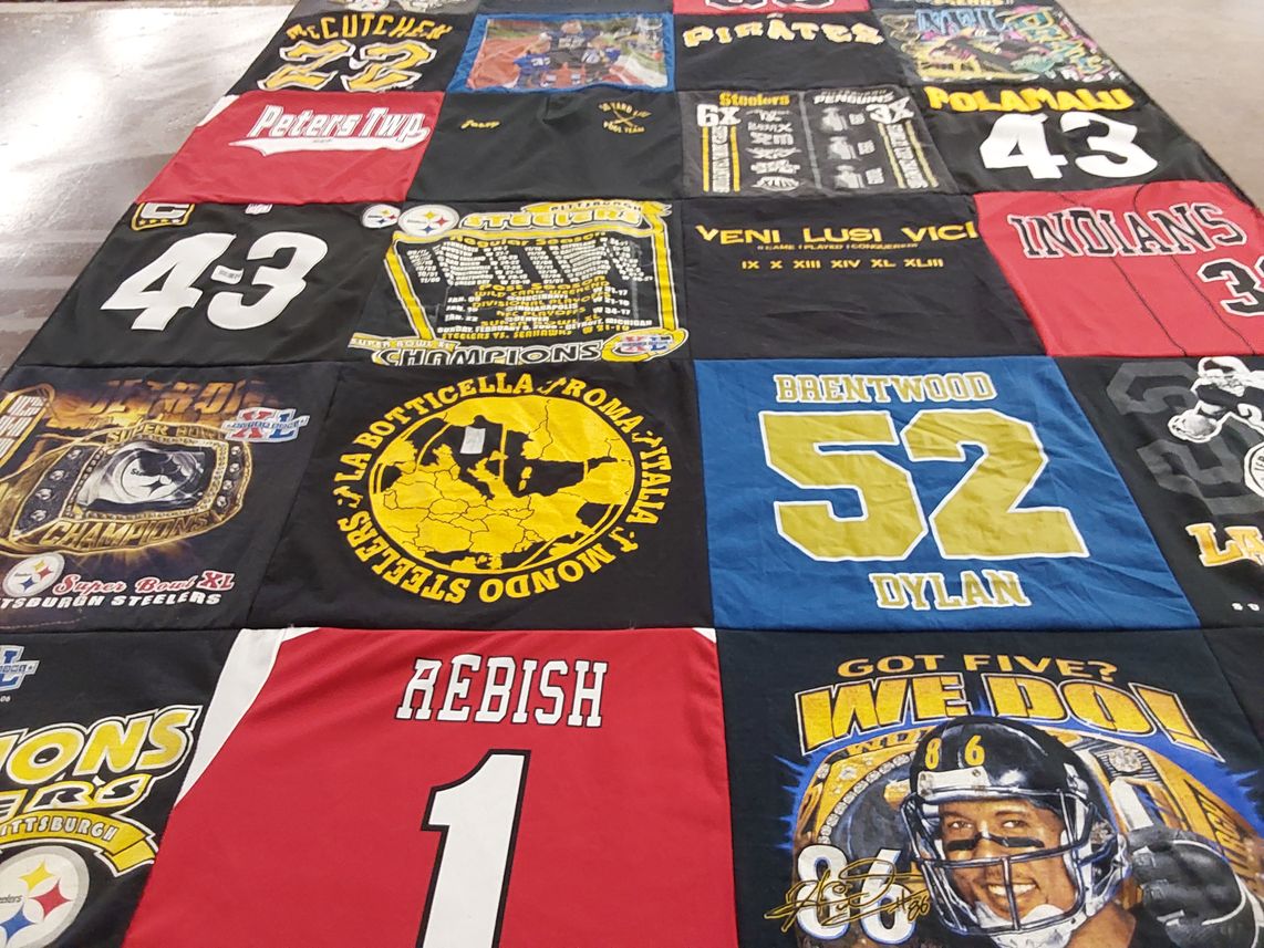 T-shirt quilt featuring pittsburgh pirates, pittsburgh steelers by Mary from PA