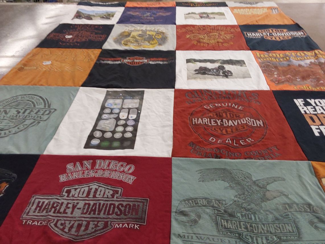 T-shirt quilt with motorcycling, biking themes by Justine from UT
