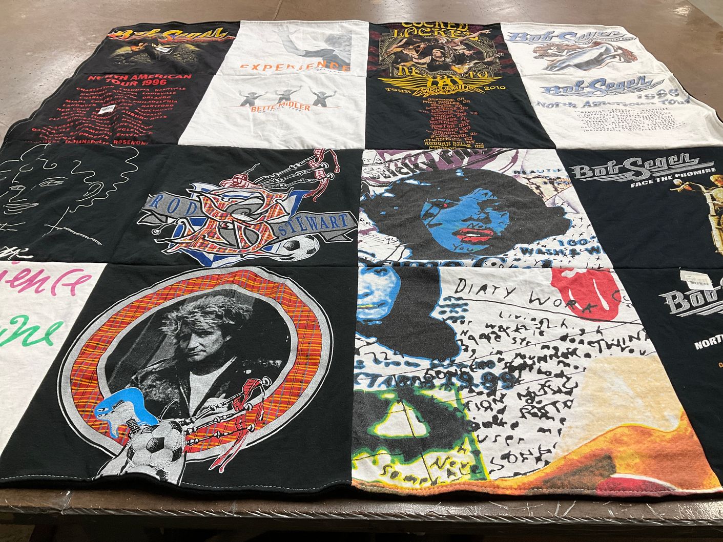 T-shirt quilt with music, concerts themes by Susan from IL
