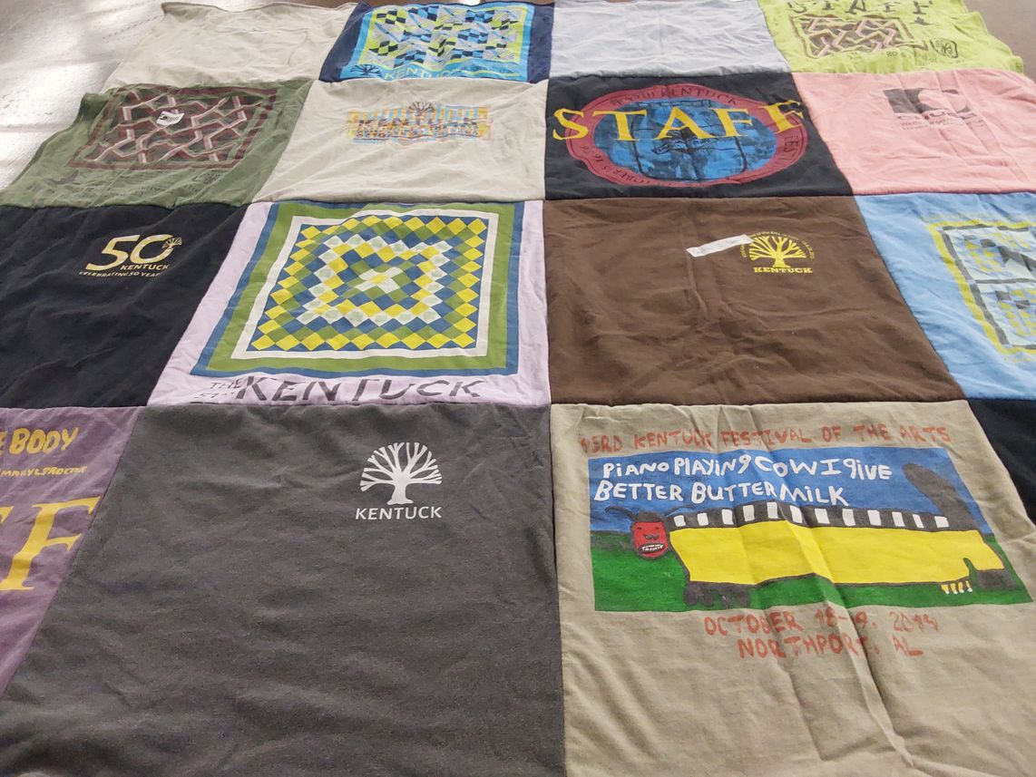 T-shirt quilt with arts themes by Vicki from AL