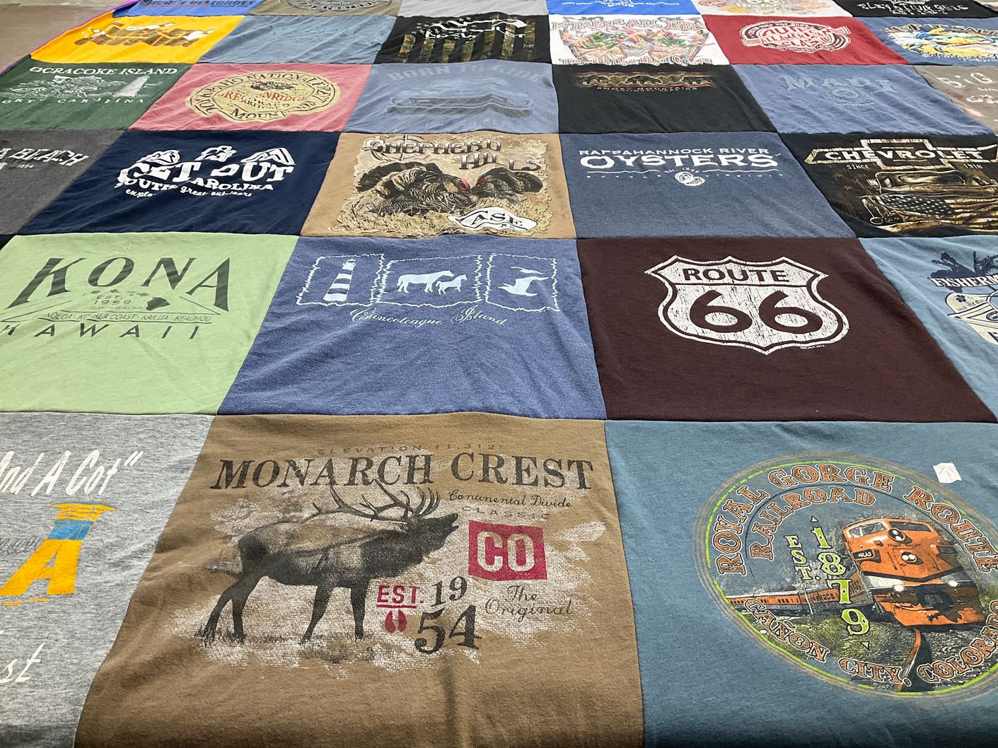 T-shirt quilt with travel, outdoors themes by Mary from MI