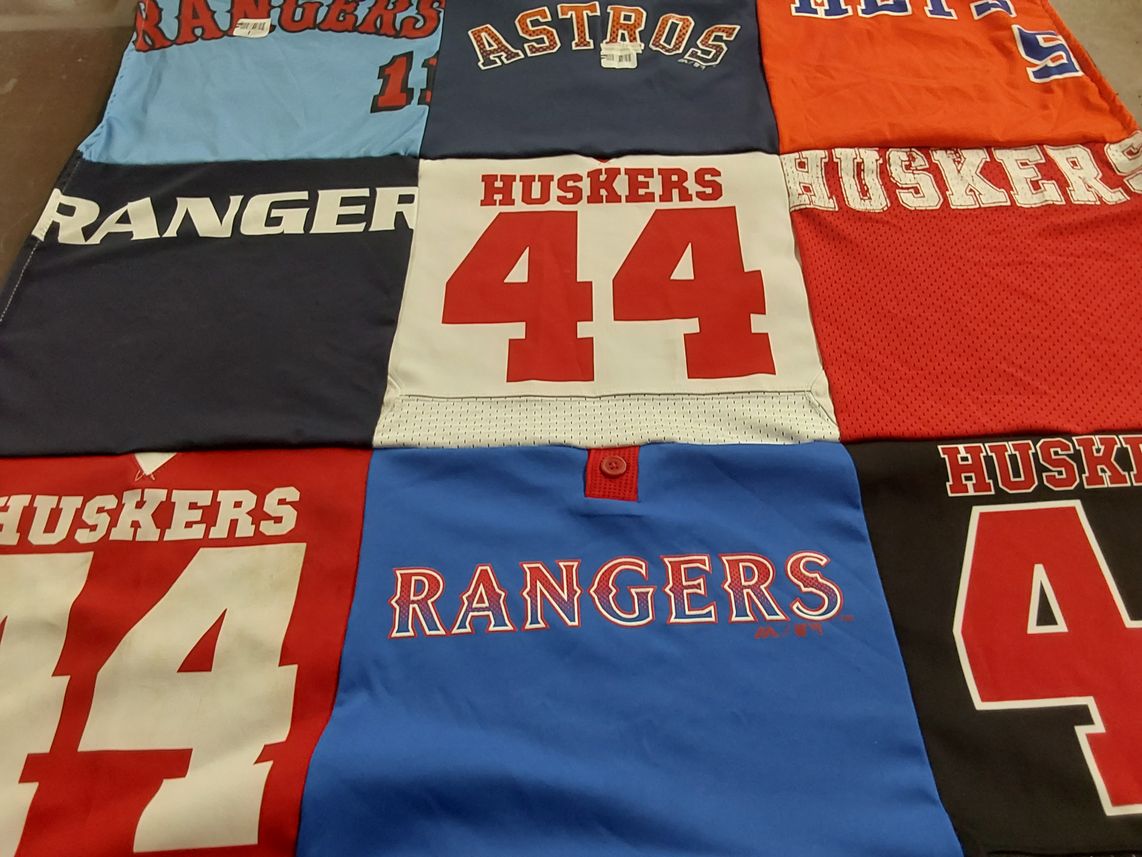 T-shirt quilt featuring texas rangers, nebraska cornhuskers by Brooke from TX