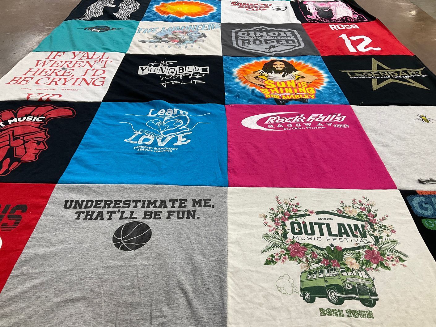 T-shirt quilt with music, festivals themes by Kelly from MN