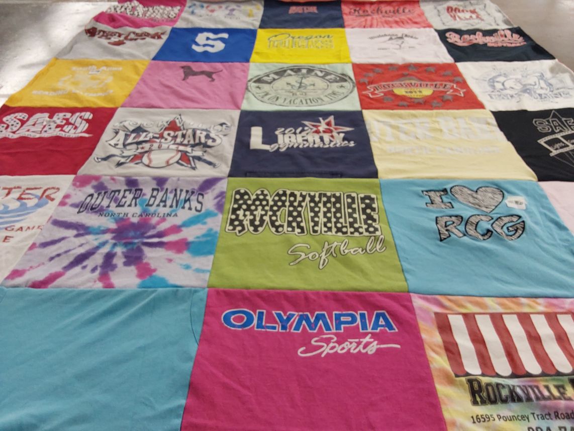 T-shirt quilt with softball, beaches themes by Sharon from ME