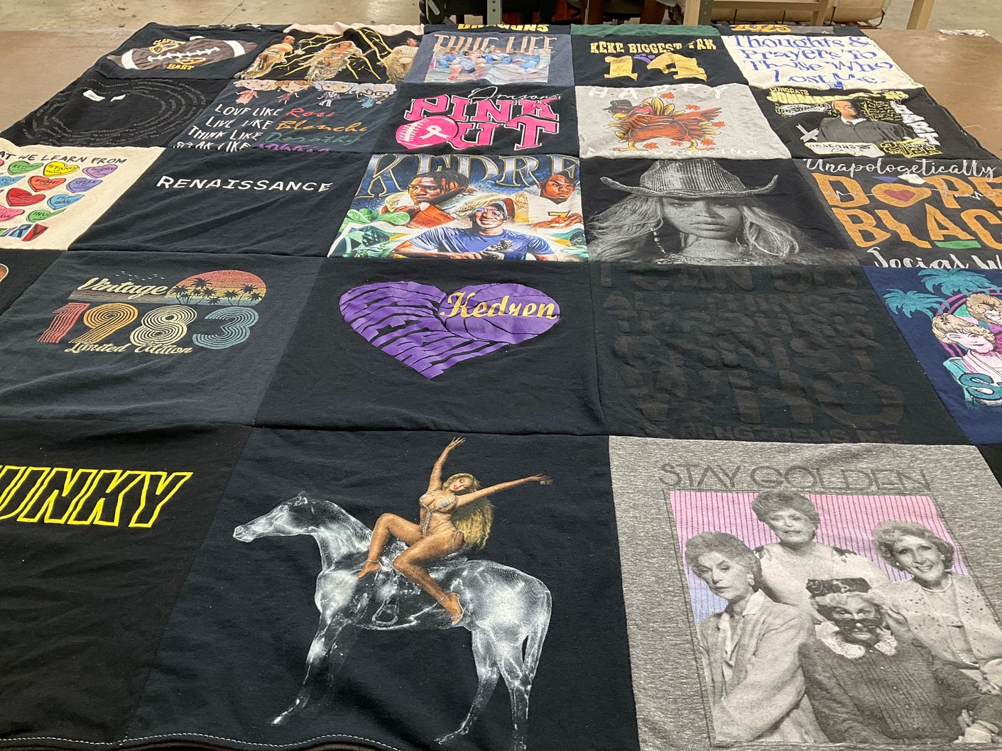 T-shirt quilt with pop culture, music themes by Precious from TX