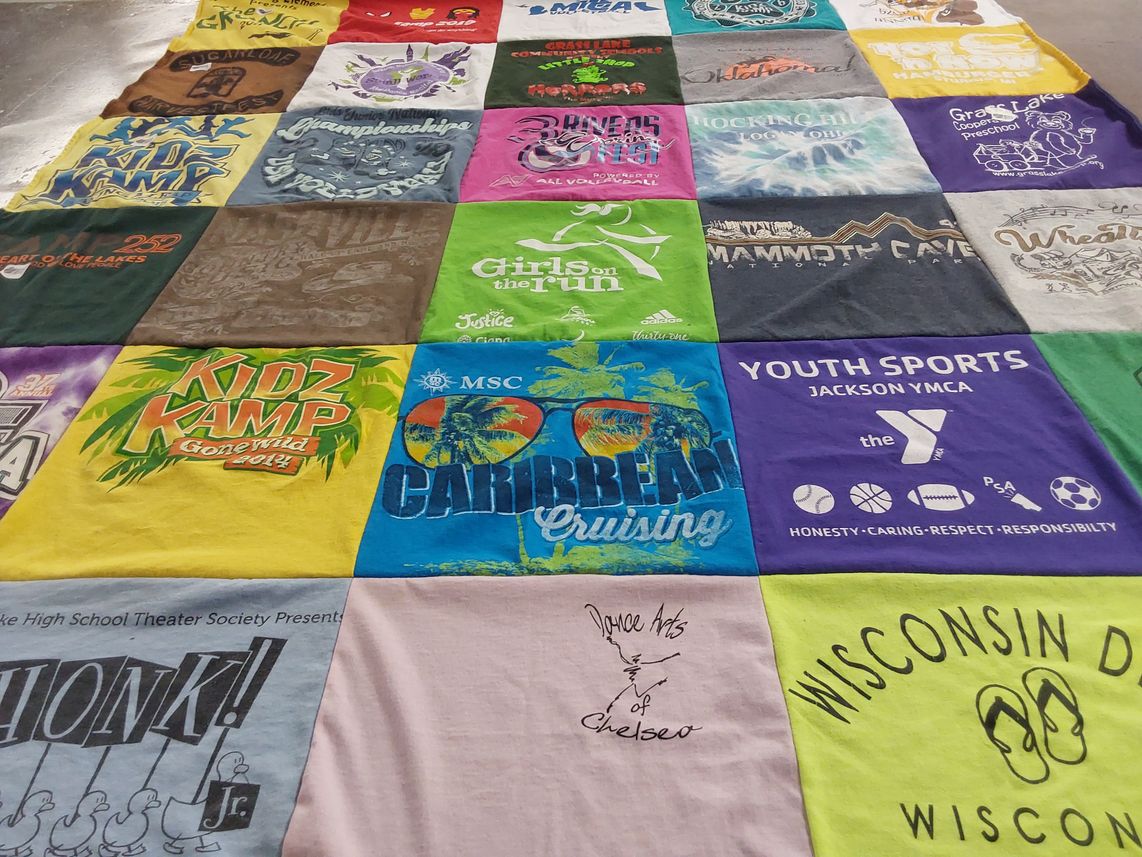 T-shirt quilt with camping, youth activities themes by Alisa from MI