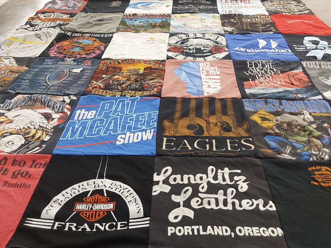 T-shirt quilt with motorcycles, music themes by Robert from CO