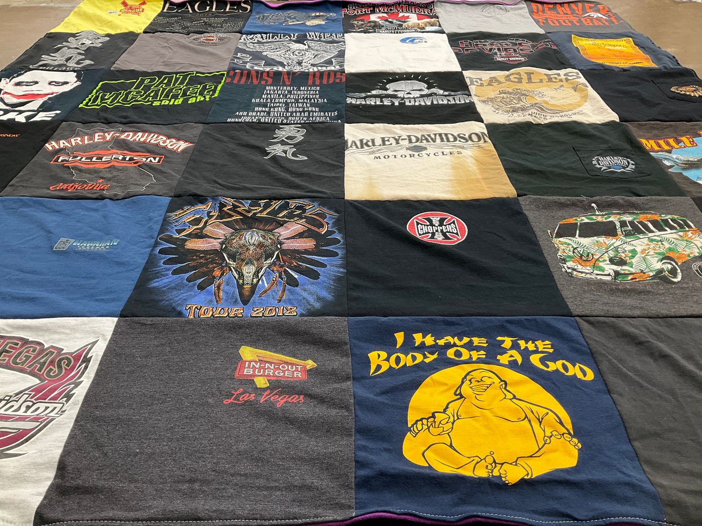 T-shirt quilt with motorcycles, rock music themes by Robert from CO