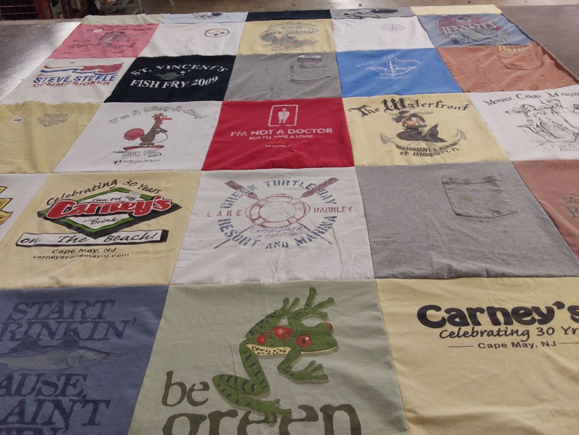 T-shirt quilt with fishing, restaurants themes by Priscilla from WV