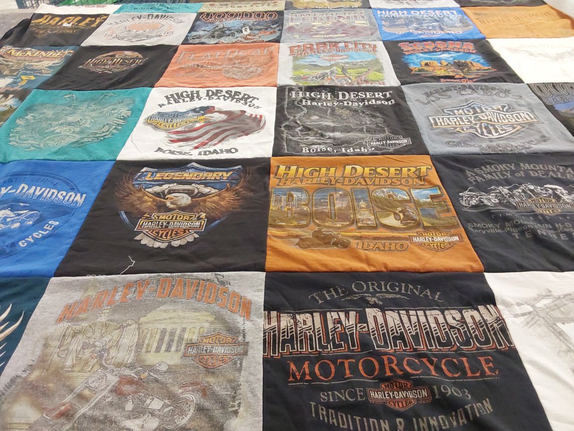T-shirt quilt with motorcycles, biking themes by Renee from ID
